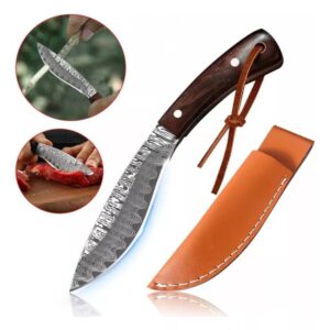 Mini Faca Fulltang Damasco Cabo Madeira + Bainha Couro AF32