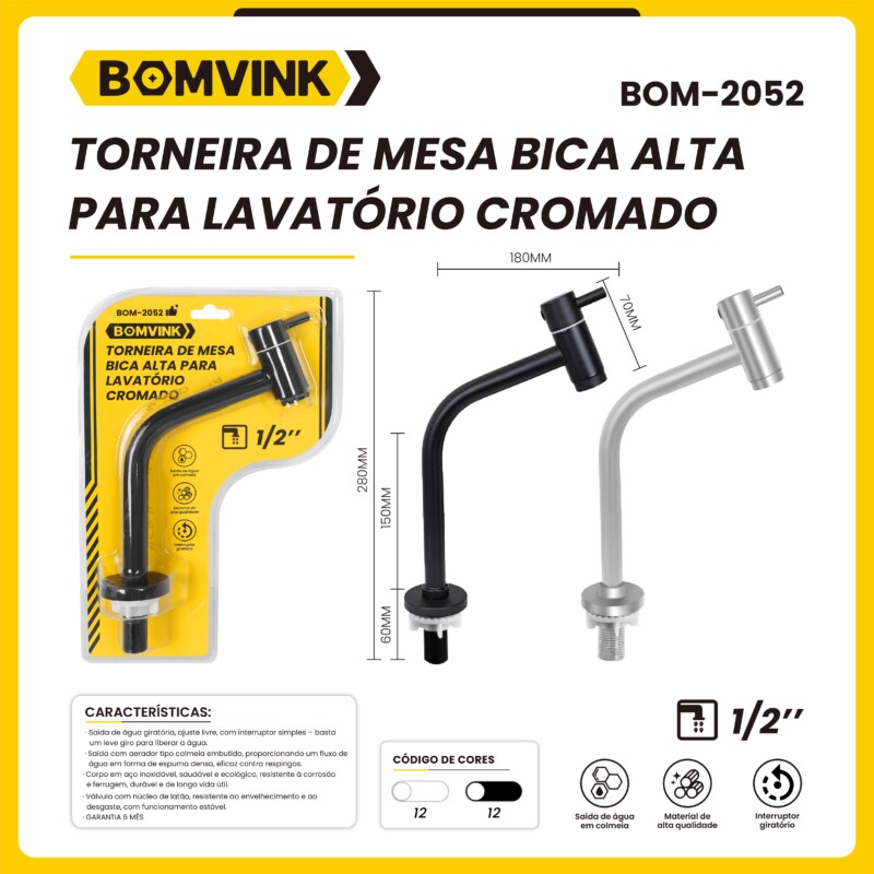TORNEIRA DE MESA BICA ALTA PARA LAVATÓRIO CROMADO BOMVINK BOM-2052