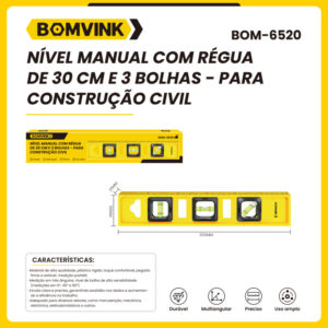 NÍVEL MANUAL C/ RÉGUA DE 30CM BOMVINK BOM-6520