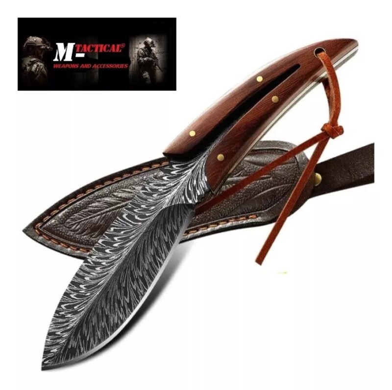 Faca De Caça Damasco Carbono Premium Pesca Bainha Couro FC-13