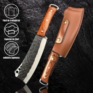 Faca Cutelo Artesanal Full Tang, Chef 33,5 cm + Bainha Couro DJ419