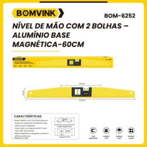 NÍVEL DE MÃO COM 2 BOLHAS BASE MAGNÉTICA 60CM BOMVINK BOM-6252