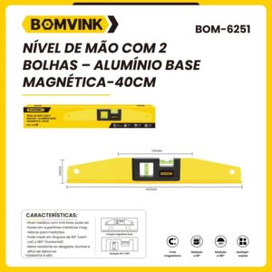 NÍVEL DE MÃO COM 2 BOLHAS MAGNÉTICO 40CM BOMVINK BOM-6251