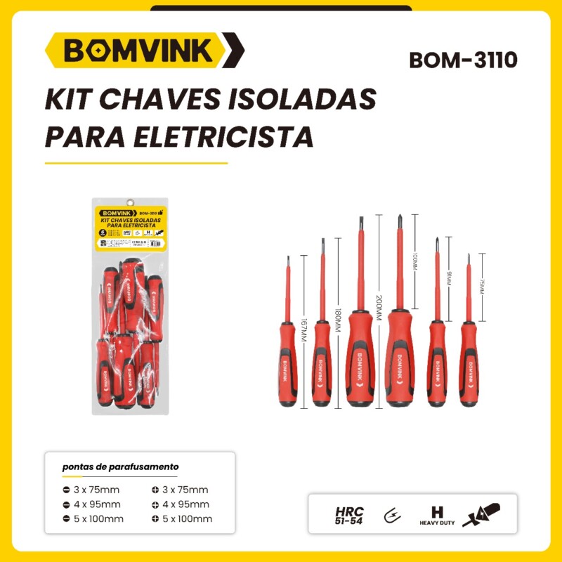 Kit Chaves Isoladas para Eletricista, 6 Peças Tamanhos Vareados, BOM-3110