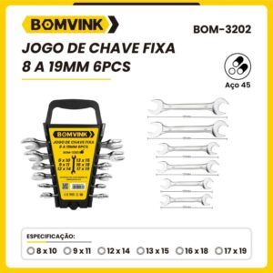 Jogo de Chave Fixa Aço, com 6 peças Tamanhos Vareados, 8 x 19mm BOM-3202