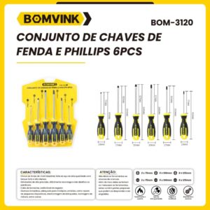 Kit Conjunto, Chaves de Fenda e Phillips 6 Peças de Tamanhos Vareados. BOM-3120