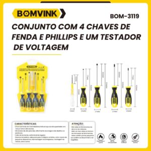 Kit Com 4 Chaves de Fenda, Phillips e Testador de voltagem, Tamanhos Vareados 13 x 27mm, BOM-3119