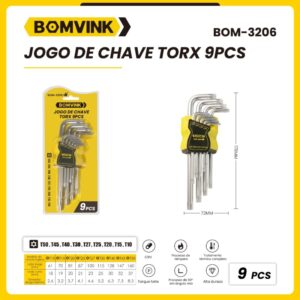 Jogo de Chave Torx aço, 9 Peças T10 a T50, BOM-3206