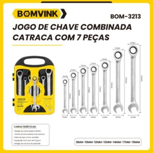 Jogo de Chave Combinada Catraca Aço Cromo com 7 Peças, 8mm x 19mm BOM-3213