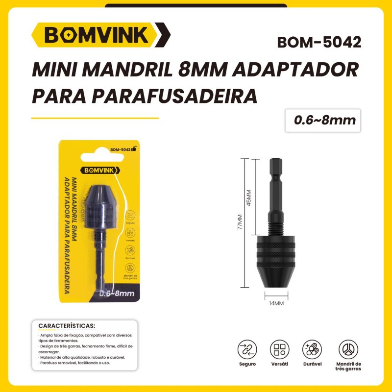 Mini Mandril 8mm Adaptador Para Parafusadeira BOMVINK BOM-5042