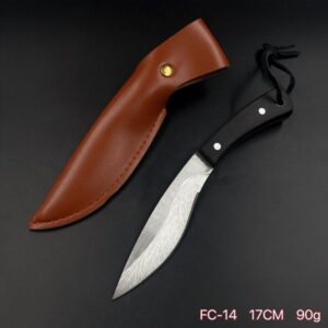 Mini Faca Fulltang Damasco Cabo Madeira + Bainha Couro FC-14