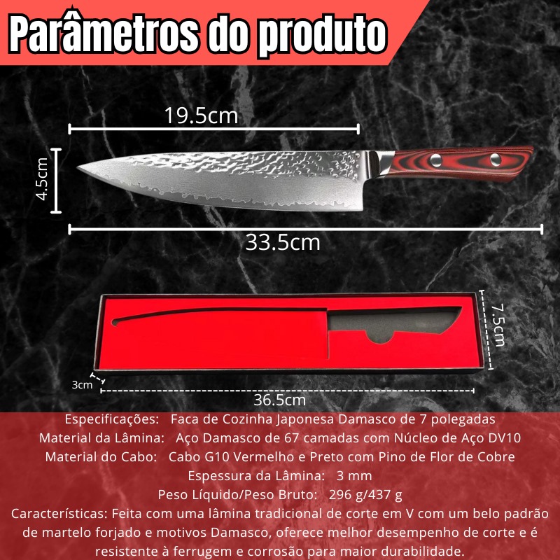 Faca de Chef Damasco CJ-175 | Núcleo VG-10 + Acabamento Martelado - Imagem 3