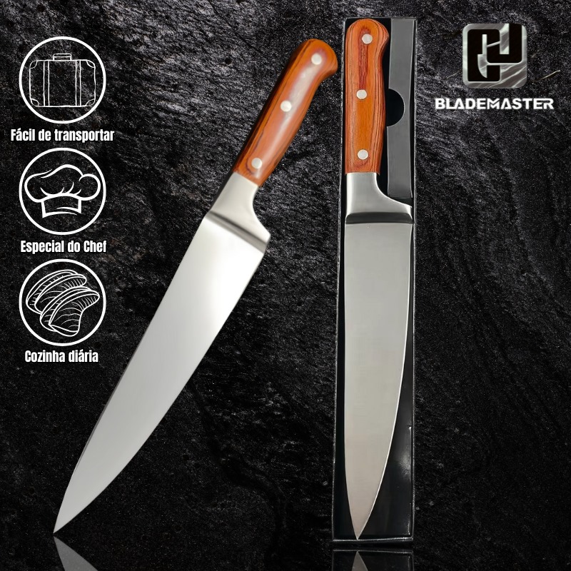 Faca Cutelo Chef 25cm - Aço Inox Profissional - Cabo Madeira Premium CJ-179