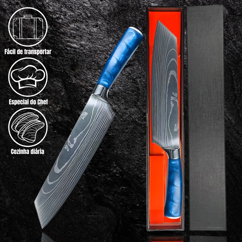 Faca Chef Padrão Damasco 8" (19,5 cm) - Aço Inox 56 HRC Cabo Resina Azul CJ-231