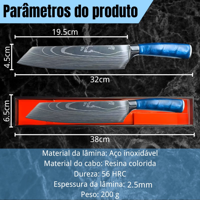 Faca Chef Padrão Damasco 8" (19,5 cm) - Aço Inox 56 HRC Cabo Resina Azul CJ-231 - Imagem 3