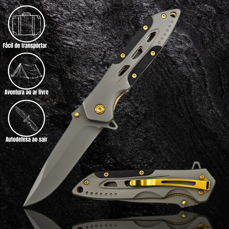 Canivete Tático Skeleton - Design Vazado + G10 + Detalhes Gold CJ-249