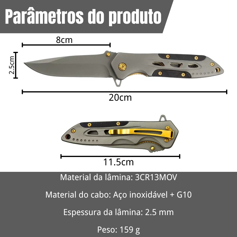Canivete Tático Skeleton - Design Vazado + G10 + Detalhes Gold CJ-249 - Imagem 7