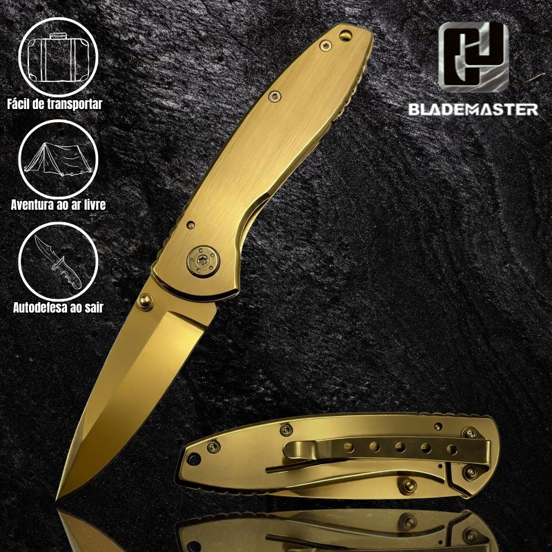 Canivete Tático Dourado Premium - 100% Metal + Abertura Assistida CJ-76