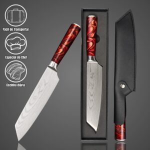 Faca Santoku Japonesa 19cm - Cabo Resina Vermelho Chama com Padrão Damasco AC002