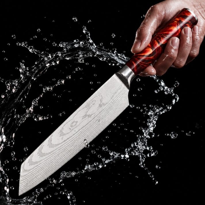 Faca Santoku Japonesa 19cm - Cabo Resina Vermelho Chama com Padrão Damasco AC002 - Imagem 11