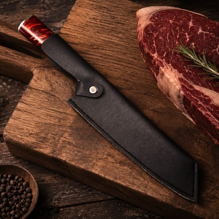 Faca Santoku Japonesa 19cm - Cabo Resina Vermelho Chama com Padrão Damasco AC002 - Imagem 12