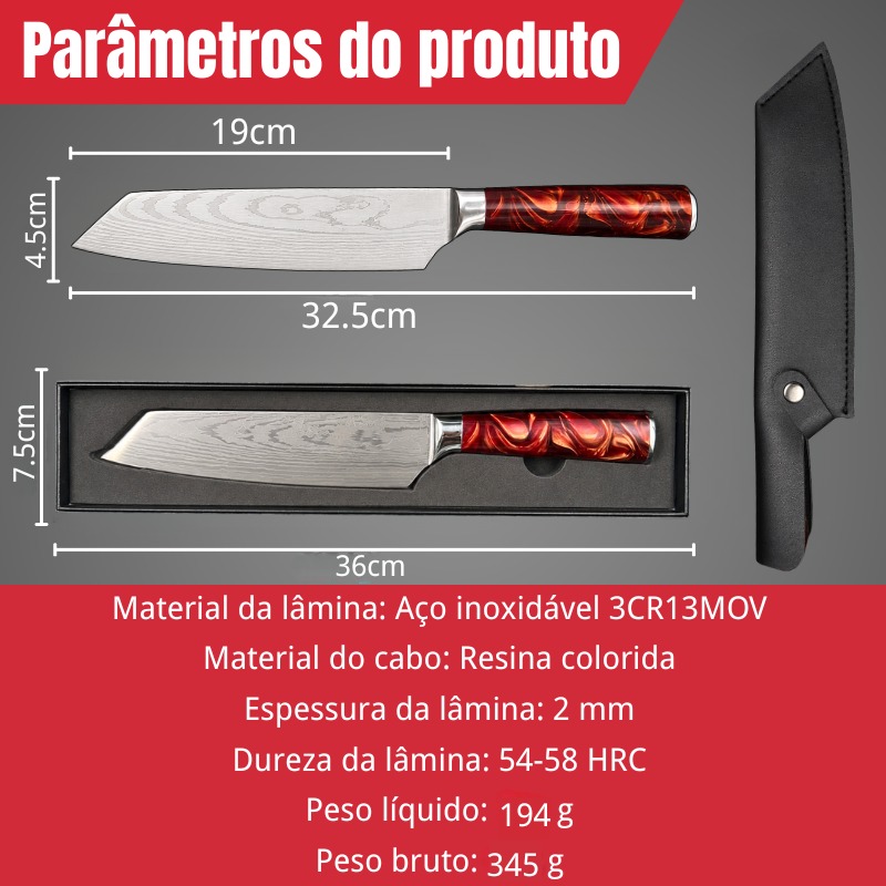 Faca Santoku Japonesa 19cm - Cabo Resina Vermelho Chama com Padrão Damasco AC002 - Imagem 3