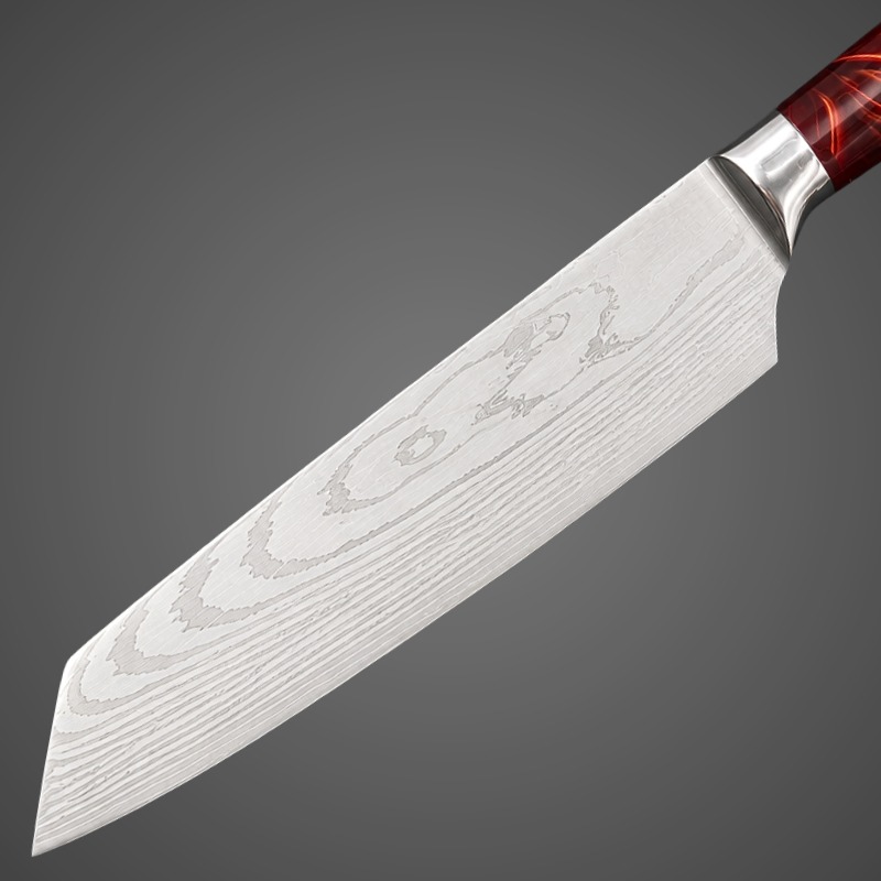 Faca Santoku Japonesa 19cm - Cabo Resina Vermelho Chama com Padrão Damasco AC002 - Imagem 4