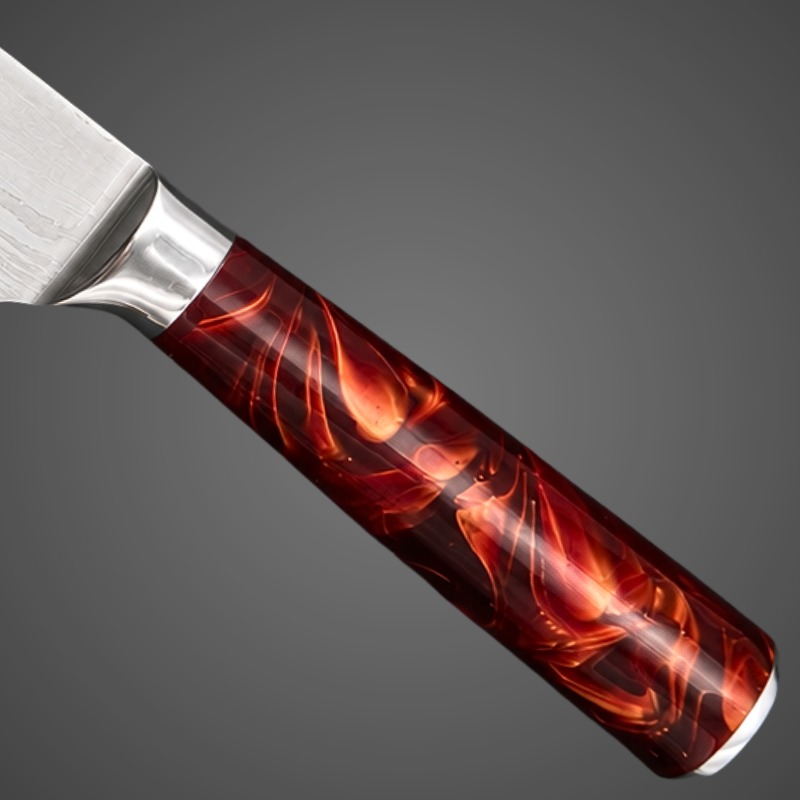 Faca Santoku Japonesa 19cm - Cabo Resina Vermelho Chama com Padrão Damasco AC002 - Imagem 5