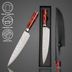 Faca de Chef Profissional 20,5 cm - Estilo Japonês Gyuto com Cabo Resina Vermelho Fogo CJ-OIH-2804